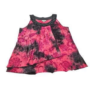 Dressbarn XL Velvet Burnout Floral Top Pink Black Beaded Y2K Dark Romantic